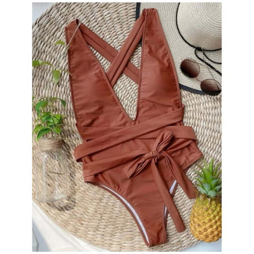Knot Front Plunging One Piece Swimsuit Size S